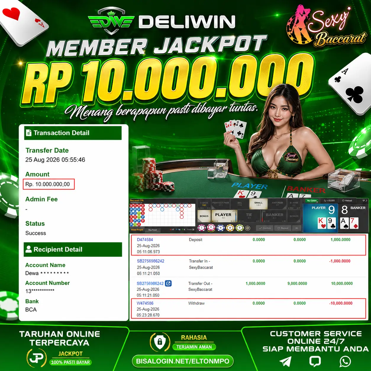 BUKTI PEMBAYARAN BERHASIL MEMBER JACKPOT LIVE CASINO RP 10.000.000 TUNTAS