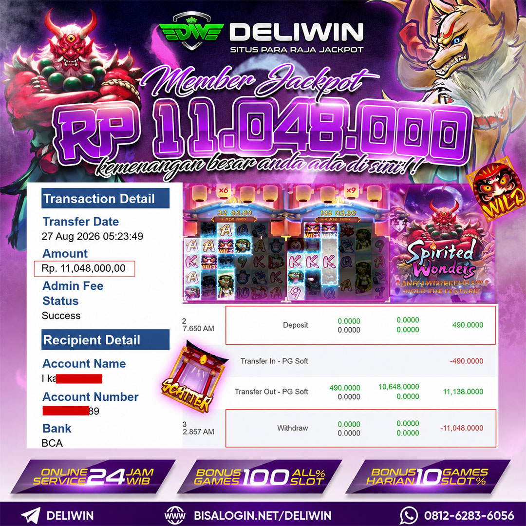 BUKTI PEMBAYARAN BERHASIL MEMBER JACKPOT SPIRITED WONDERS RP 11.048.000 TUNTAS
