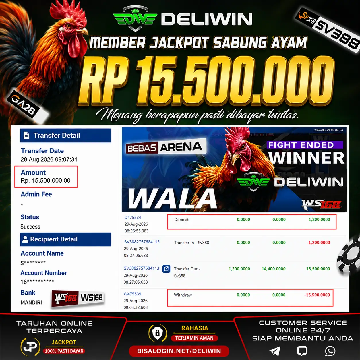 BUKTI PEMBAYARAN BERHASIL MEMBER JACKPOT SABUNG AYAM RP 15.500.000 TUNTAS