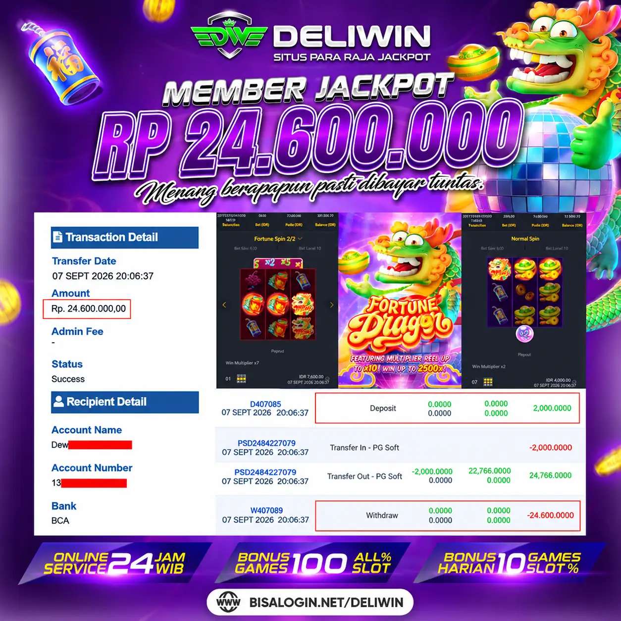 BUKTI PEMBAYARAN BERHASIL MEMBER JACKPOT FORTUNE DRAGON RP 24.600.000 TUNTAS