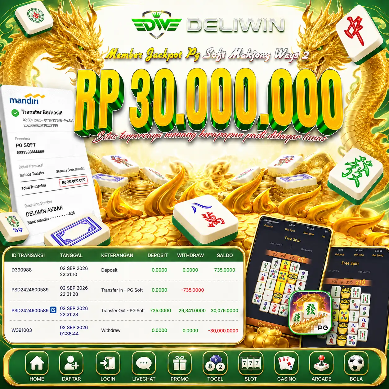 BUKTI PEMBAYARAN BERHASIL MEMBER JACKPOT MAHJONG WAYS RP 30.000.000 TUNTAS