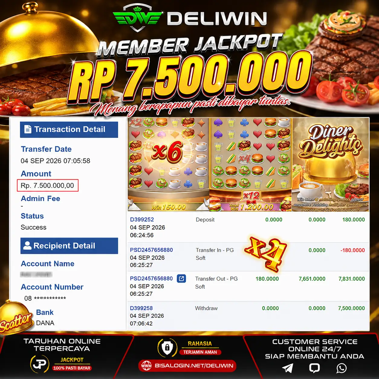 BUKTI PEMBAYARAN BERHASIL MEMBER JACKPOT DINER DELIGHTS RP 7.500.000 TUNTAS