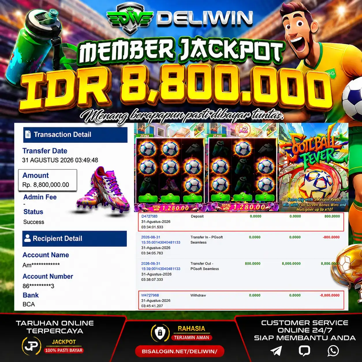 BUKTI PEMBAYARAN BERHASIL MEMBER JACKPOT FUTEBOL FEVER RP 8.800.000 TUNTAS