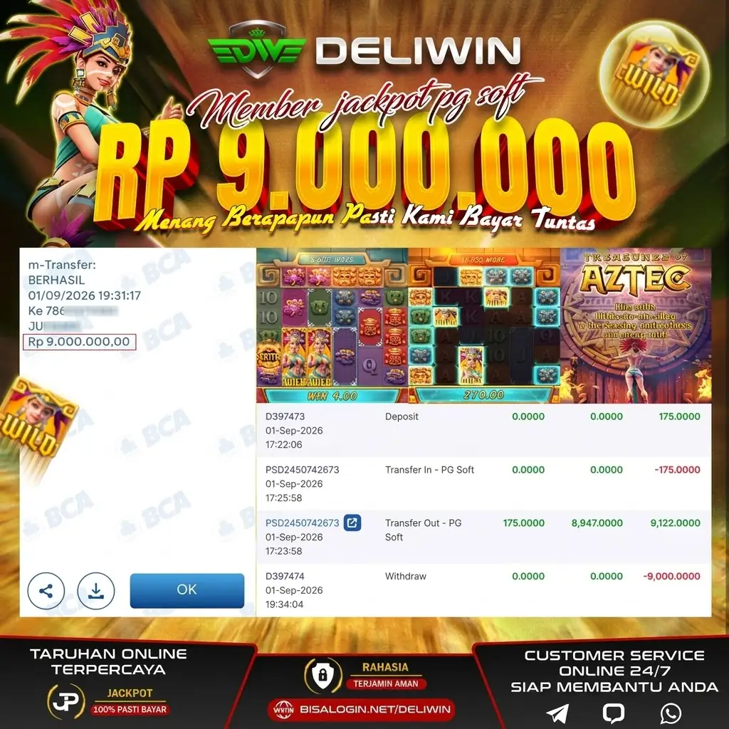 BUKTI PEMBAYARAN BERHASIL MEMBER JACKPOT TREASURES OF AZTEC RP 9.000.000 TUNTAS
